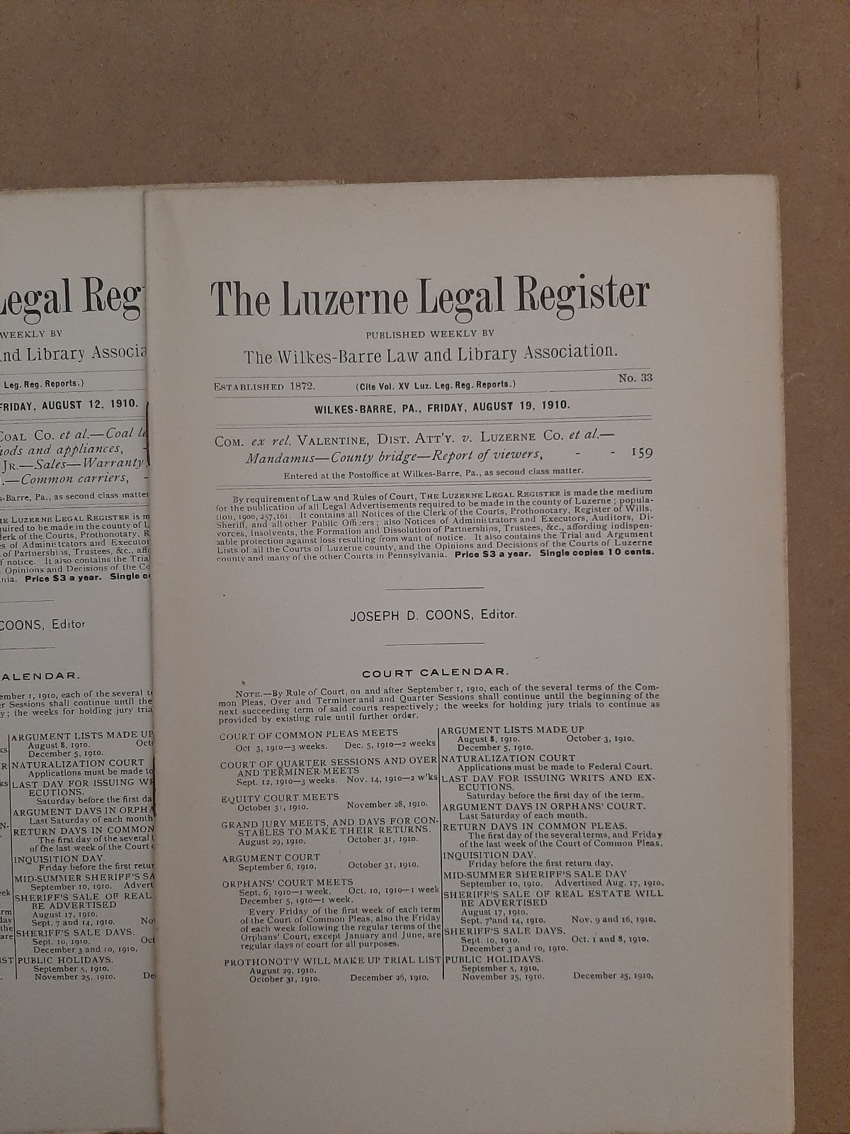 LEGAL REGISTER – Luzerne Co. Pennsylvania – 1910 – PA – 22 ISSUES – Wilkes Barre