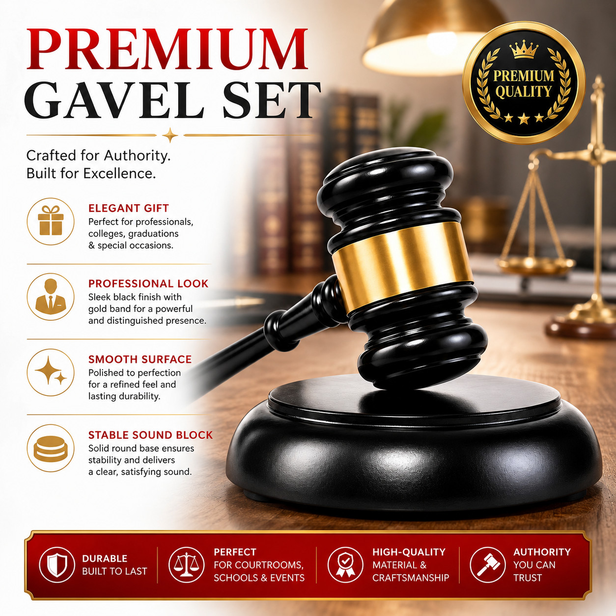 Premium Black Gold Judge Gavel Set with Sound Block for Courtroom Auction Office