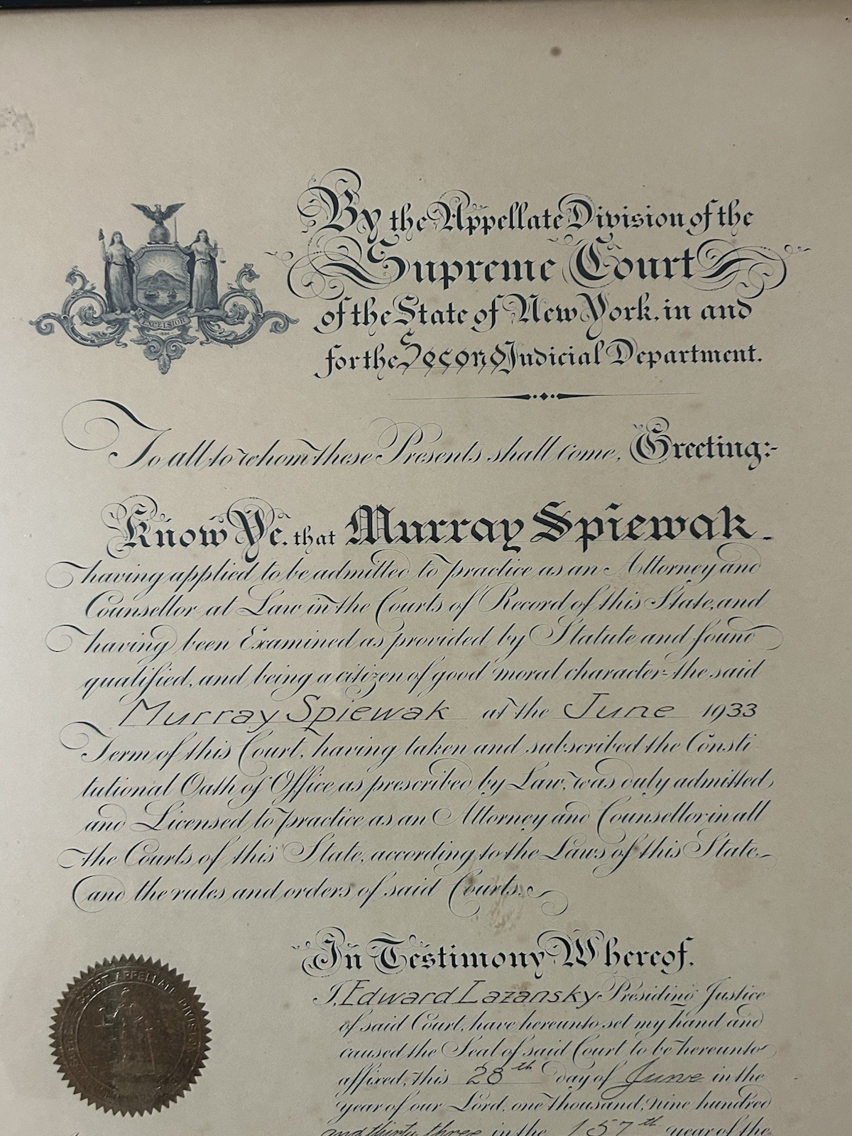 Certificate to practice as an attorney. Issued by the Supreme Court of NY, 1933