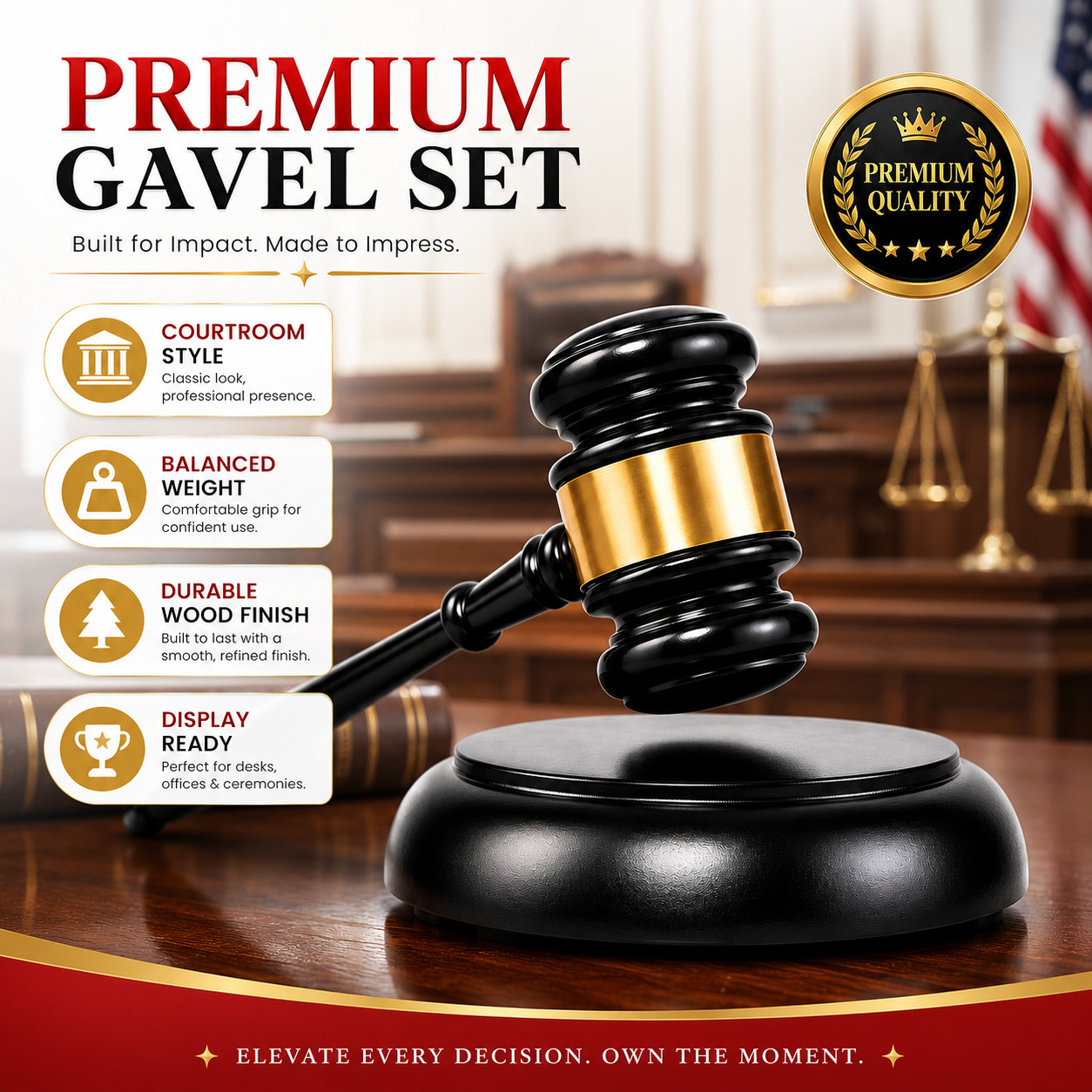 Premium Wooden Gavel Set with Sound Block, Black Gold Gift for Lawyers Judges