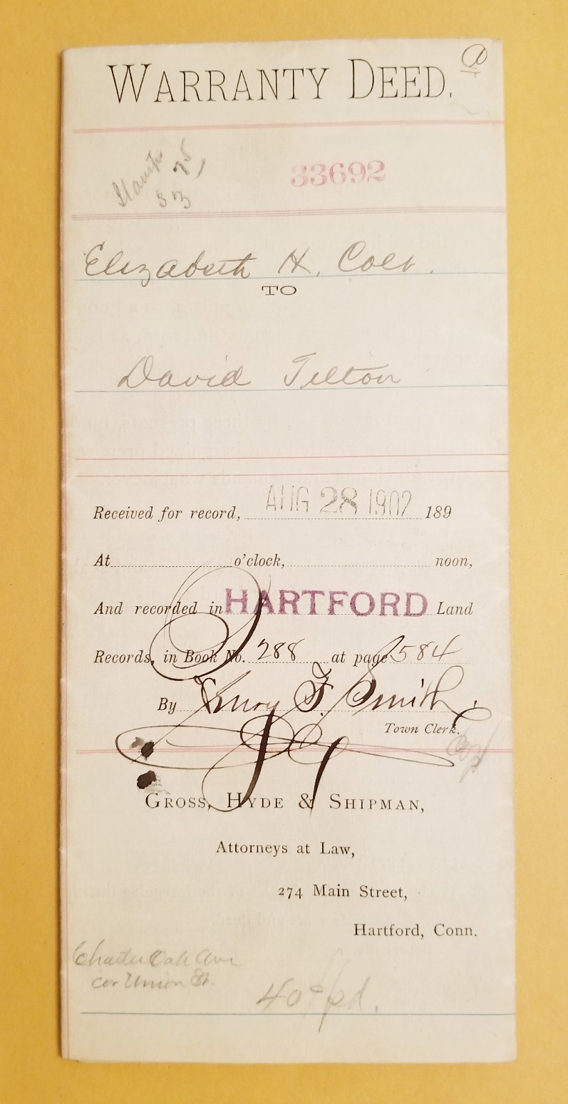 Elizabeth Hart Jarvis Colt Armory HARTFORD Ct C1901 HISTORIC Antique Deed