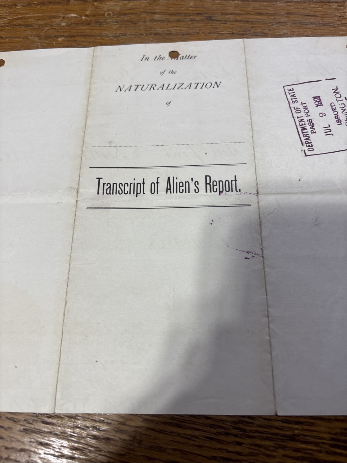Transcript Of Alien’s Report 1921 USDOS Passport 1888 Sealed Donald Brown Englan