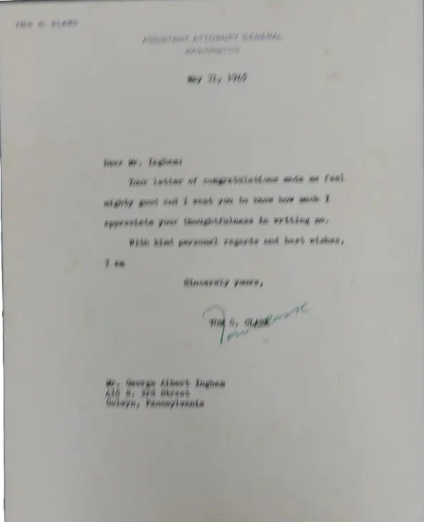 “Supreme Court Justice” Tom C Clark Signed TLS Dated 1945 COA