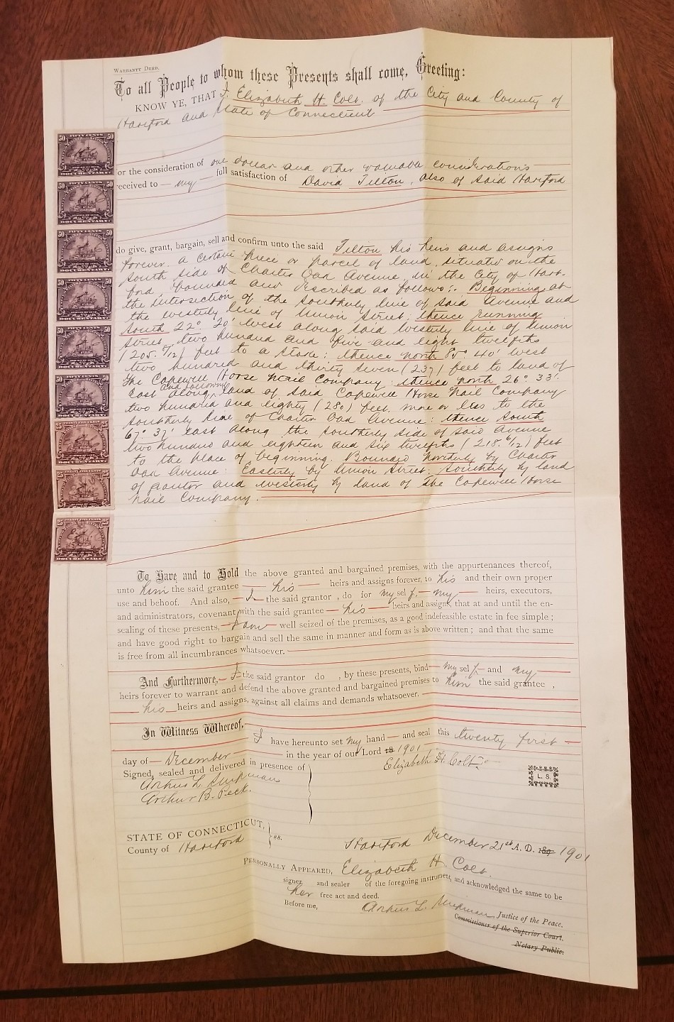 Elizabeth Hart Jarvis Colt Armory HARTFORD Ct C1901 HISTORIC Antique Deed