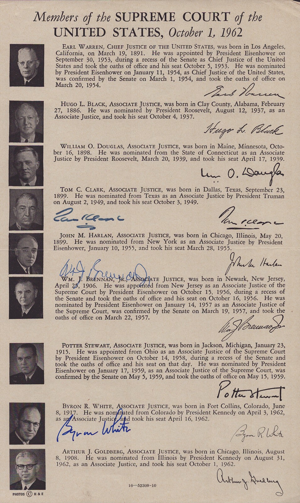 TOM C. CLARK – BIOGRAPHY SIGNED 10/14/1963 WITH CO-SIGNERS