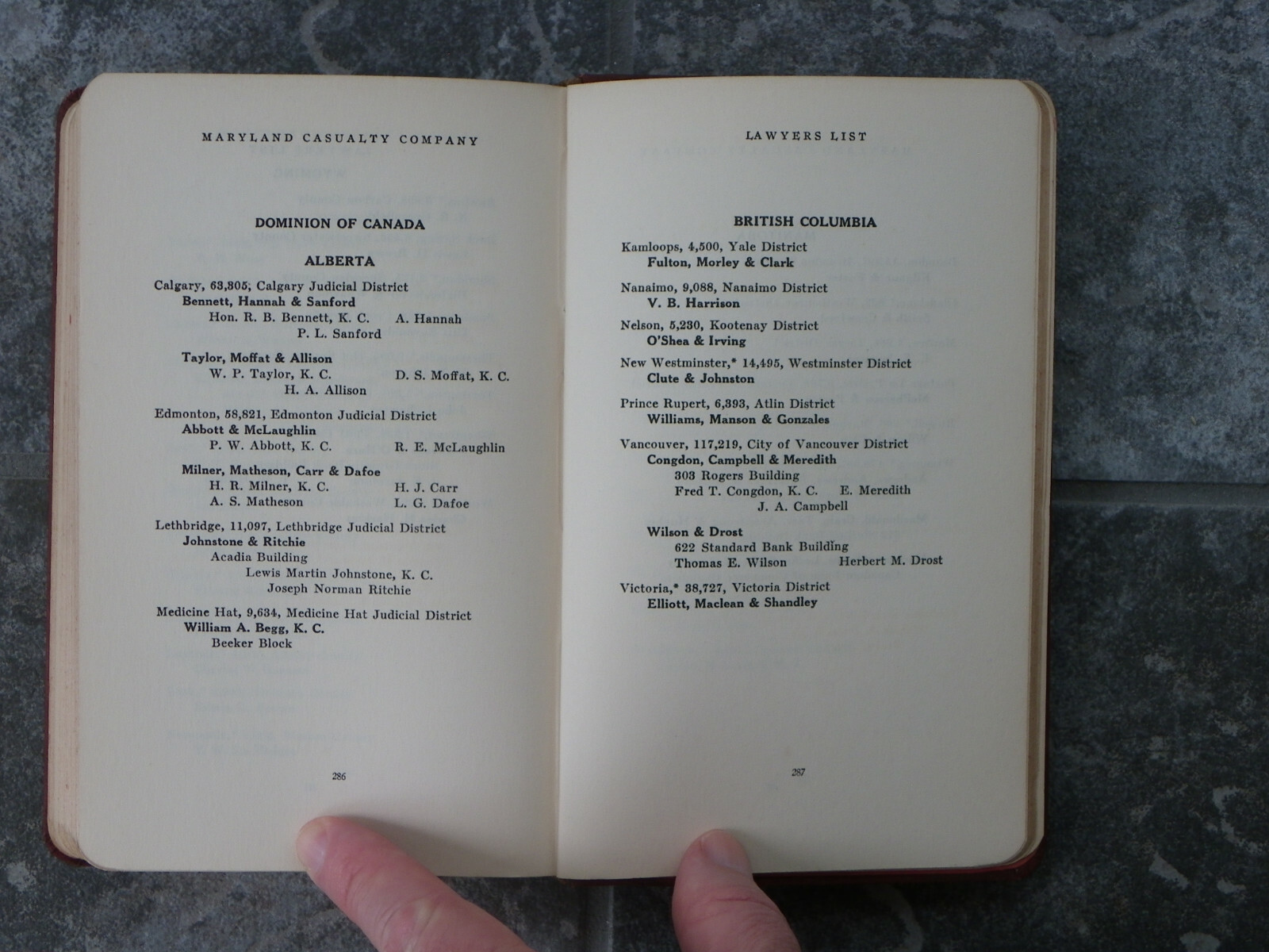 Maryland Casualty Company Lawyers List 1925 Annual-US & Canada Alpha by Town