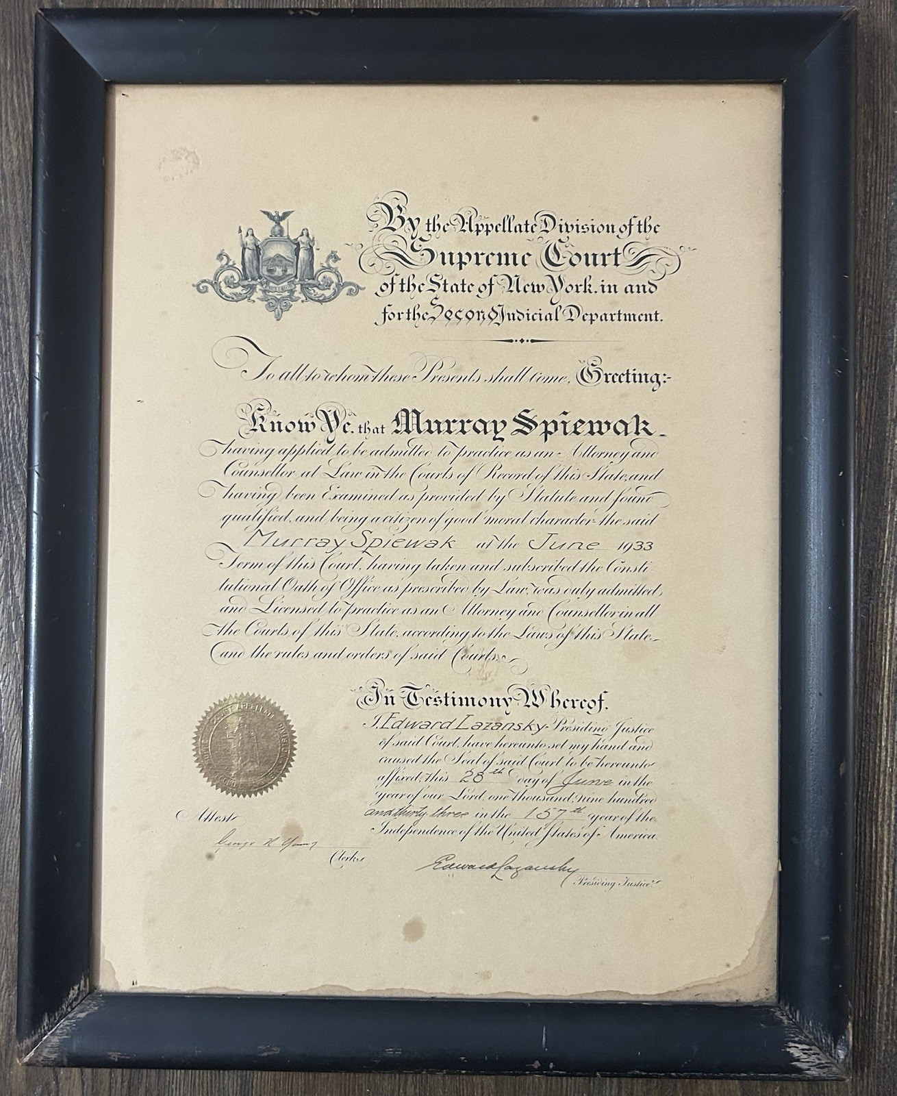 Certificate to practice as an attorney. Issued by the Supreme Court of NY, 1933