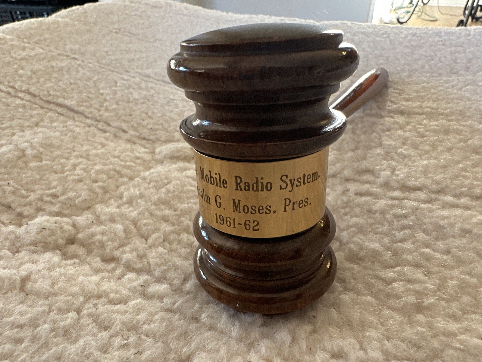 Vintage Wood National Mobil Radio Systems Judges Gavel with brass plate Engraved