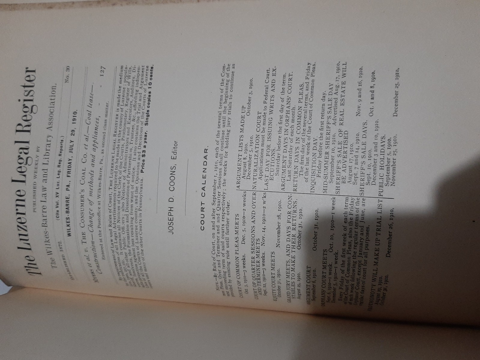 LEGAL REGISTER – Luzerne Co. Pennsylvania – 1910 – PA – 22 ISSUES – Wilkes Barre