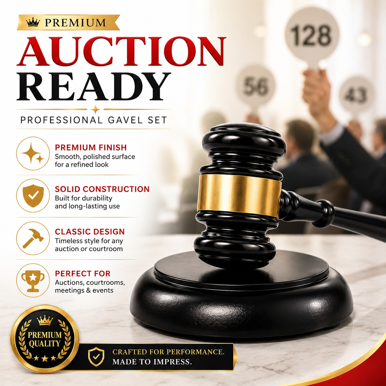 Professional Court Gavel with Round Base, Black Gold Office Desktop Decor Gift