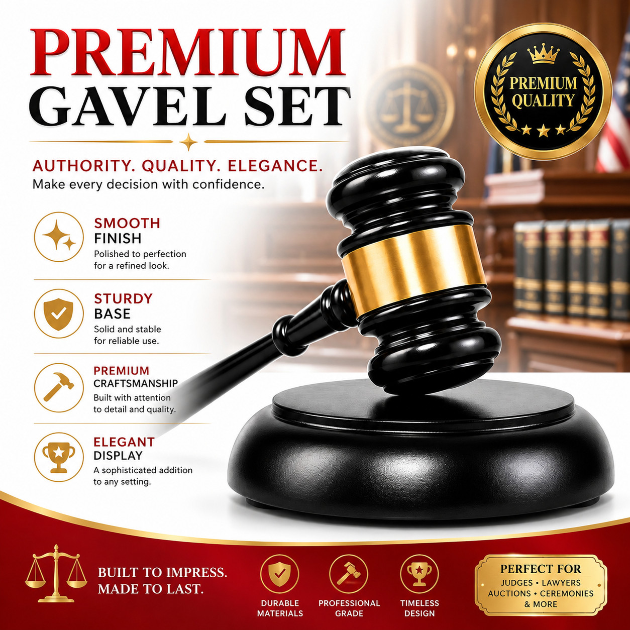 Premium Black Gold Judge Gavel Set with Sound Block for Courtroom Auction Office