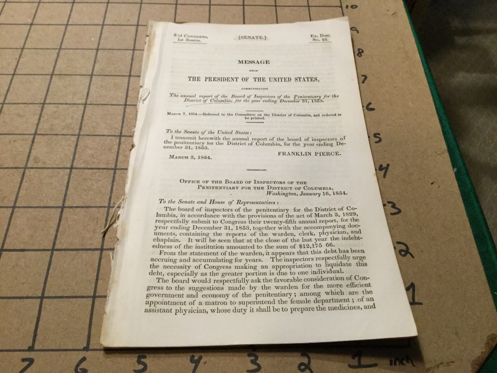 Original Booklet: 1854 Report PENITENTIARY for Washington DC 22pgs – seperated