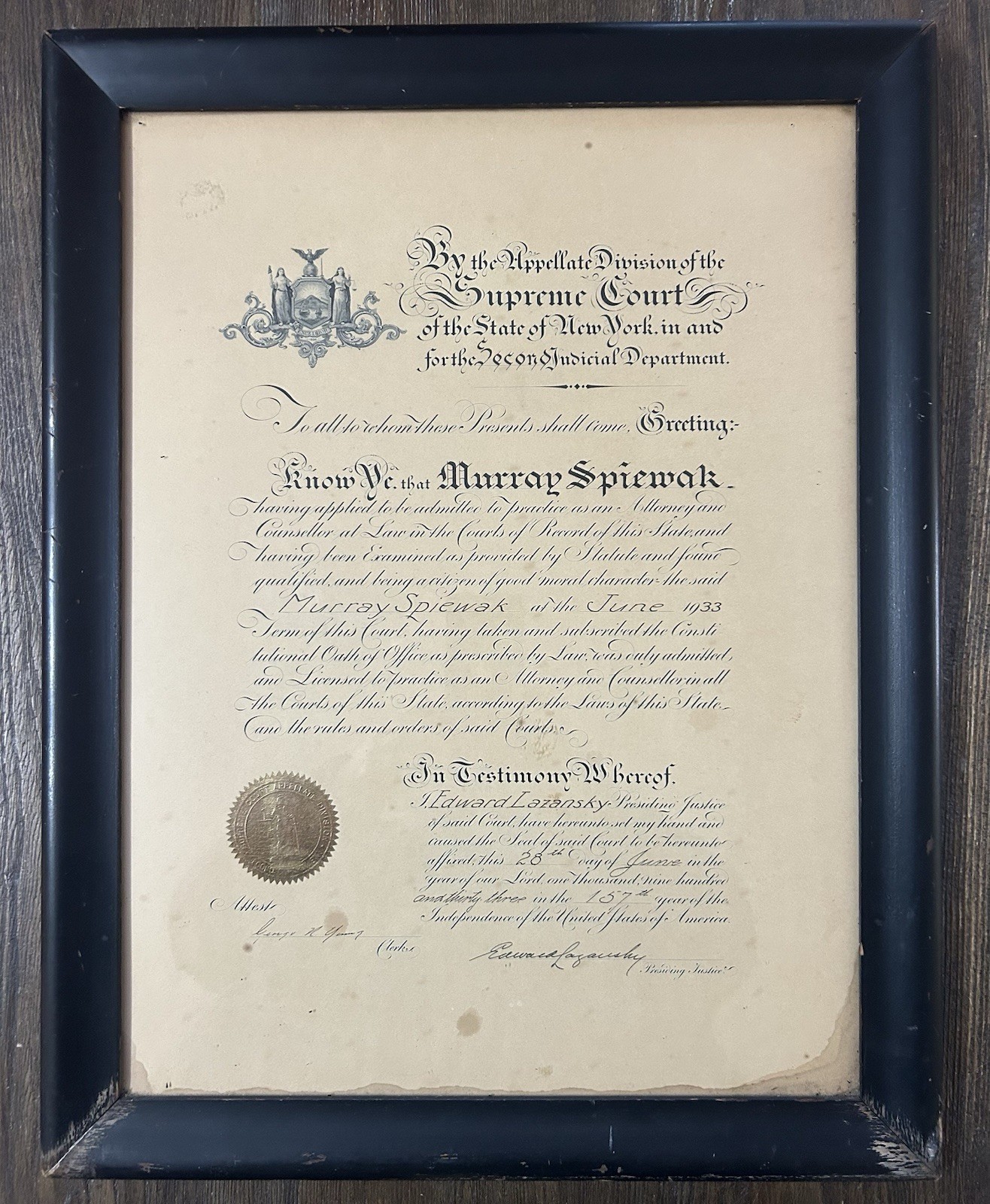 Certificate to practice as an attorney. Issued by the Supreme Court of NY, 1933
