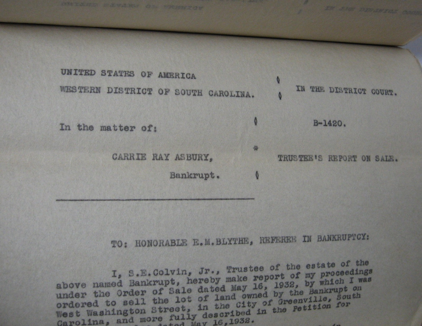 1932 Signed Bankruptcy Document Col. E. M. Blythe Attorney, Greenville, SC