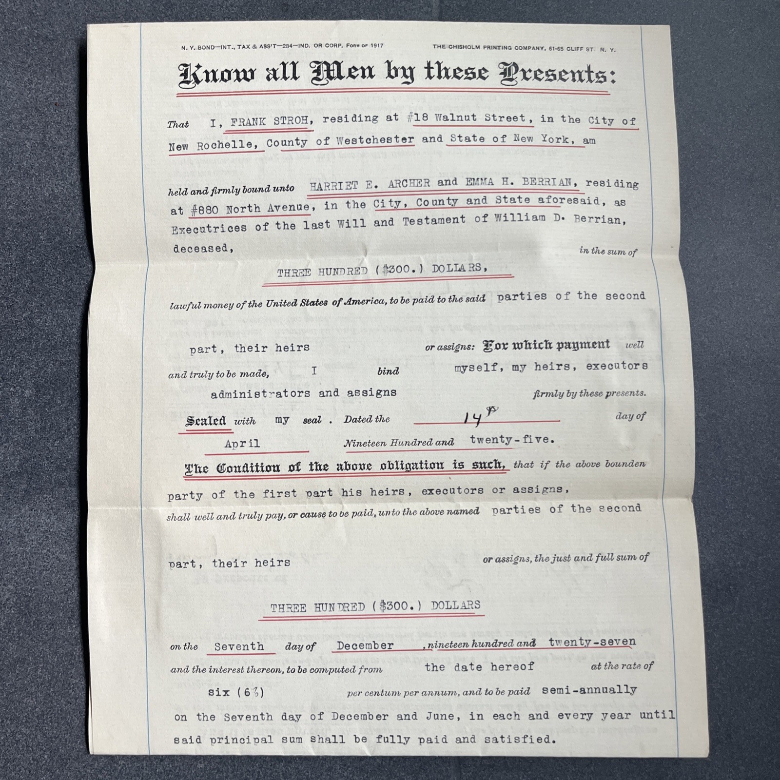 SIGNED STAMPED SEALED Legal BOND Document 1921 NEW ROCHELLE NY Armenian LAMBDEN