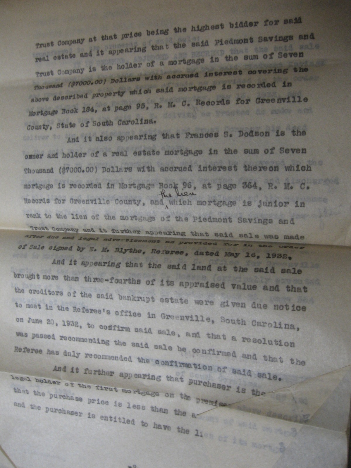 1932 Signed Bankruptcy Document Col. E. M. Blythe Attorney, Greenville, SC