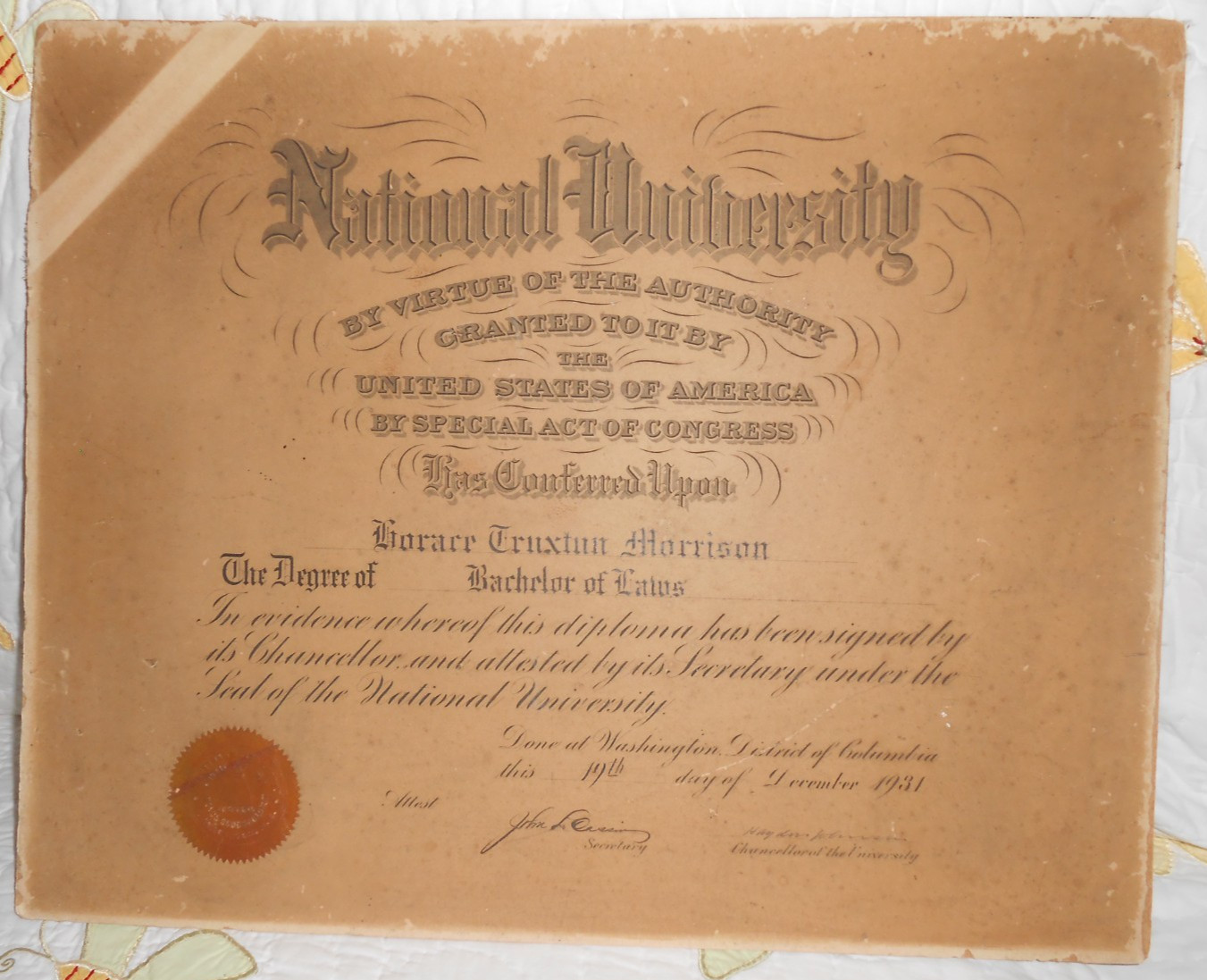 Antique Vintage 1931 NATIONAL UNIVERSITY LAW DEGREE Horace Truxton Morrison