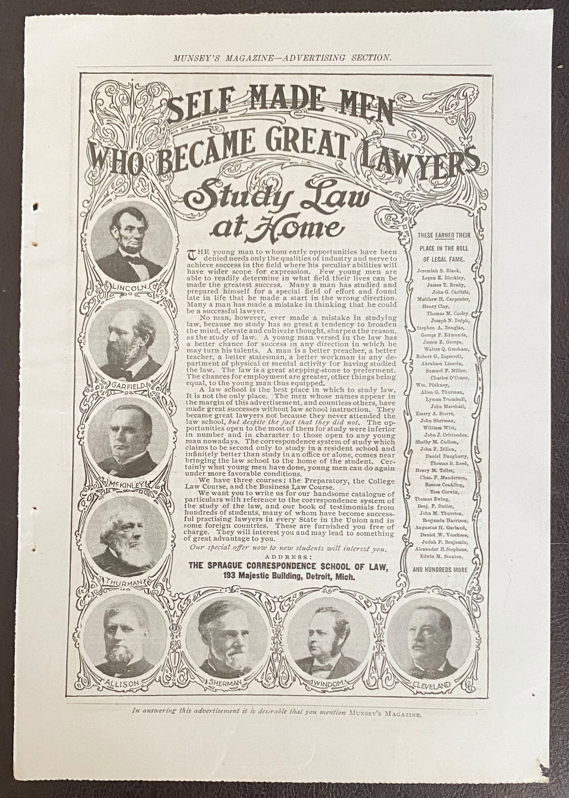 SPRAGUE LAW SCHOOL c1901 Photo Print Ad w/US President Lawyers Lincoln McKinley+