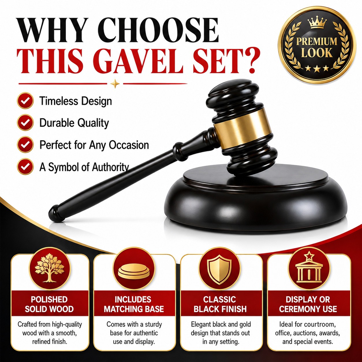 Solid Wood Courtroom Gavel and Block Set for Judge Auction Meeting Ceremony
