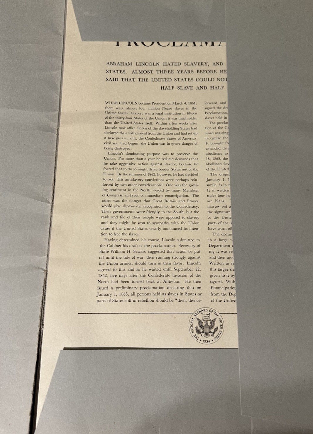 Giant Vintage Emancipation Proclamation Reproduction 1962 US History Lincoln