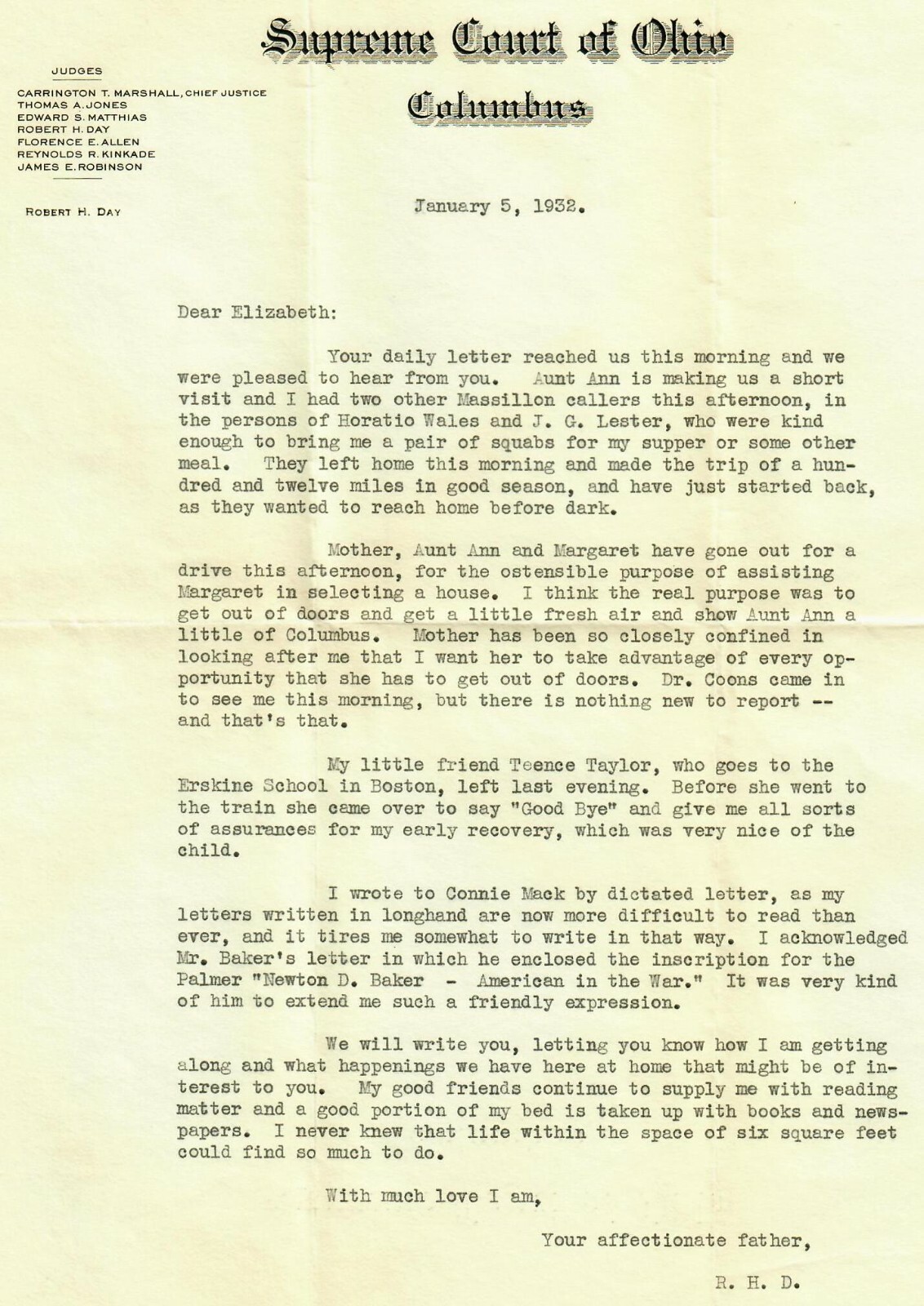 “Ohio Supreme Court» Justice Robert H. Day Hand Signed TLS Dated 1932