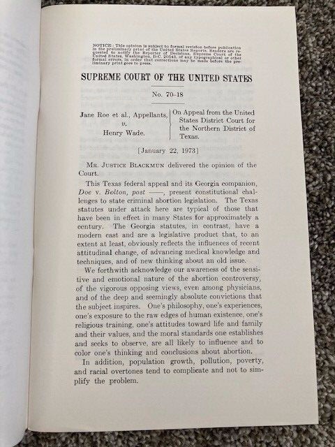 Original 1973 Landmark RARE Slip Opinion ROE v. WADE – Abortion US Supreme Court