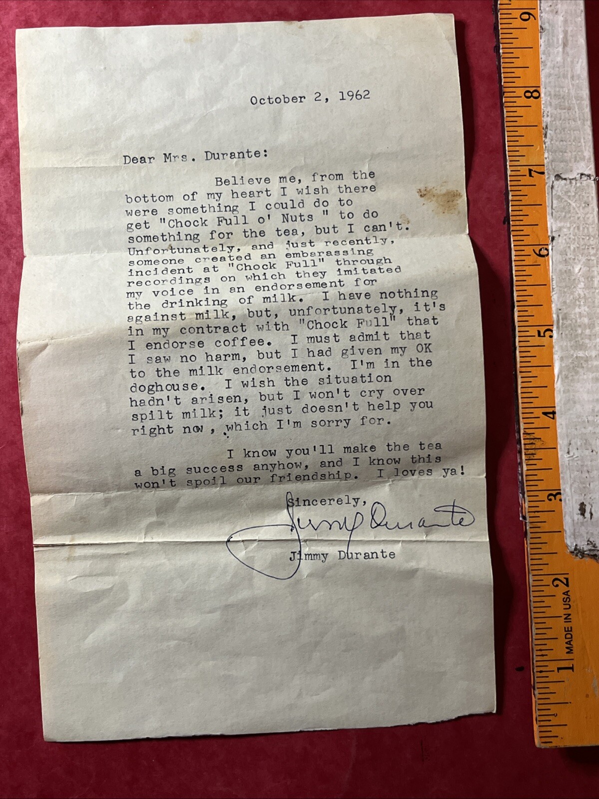 Amazing 1/1 OOAK Legal Letter Signed “Jimmy Durante” 1962 CHOCK FULL O NUTS” LAW