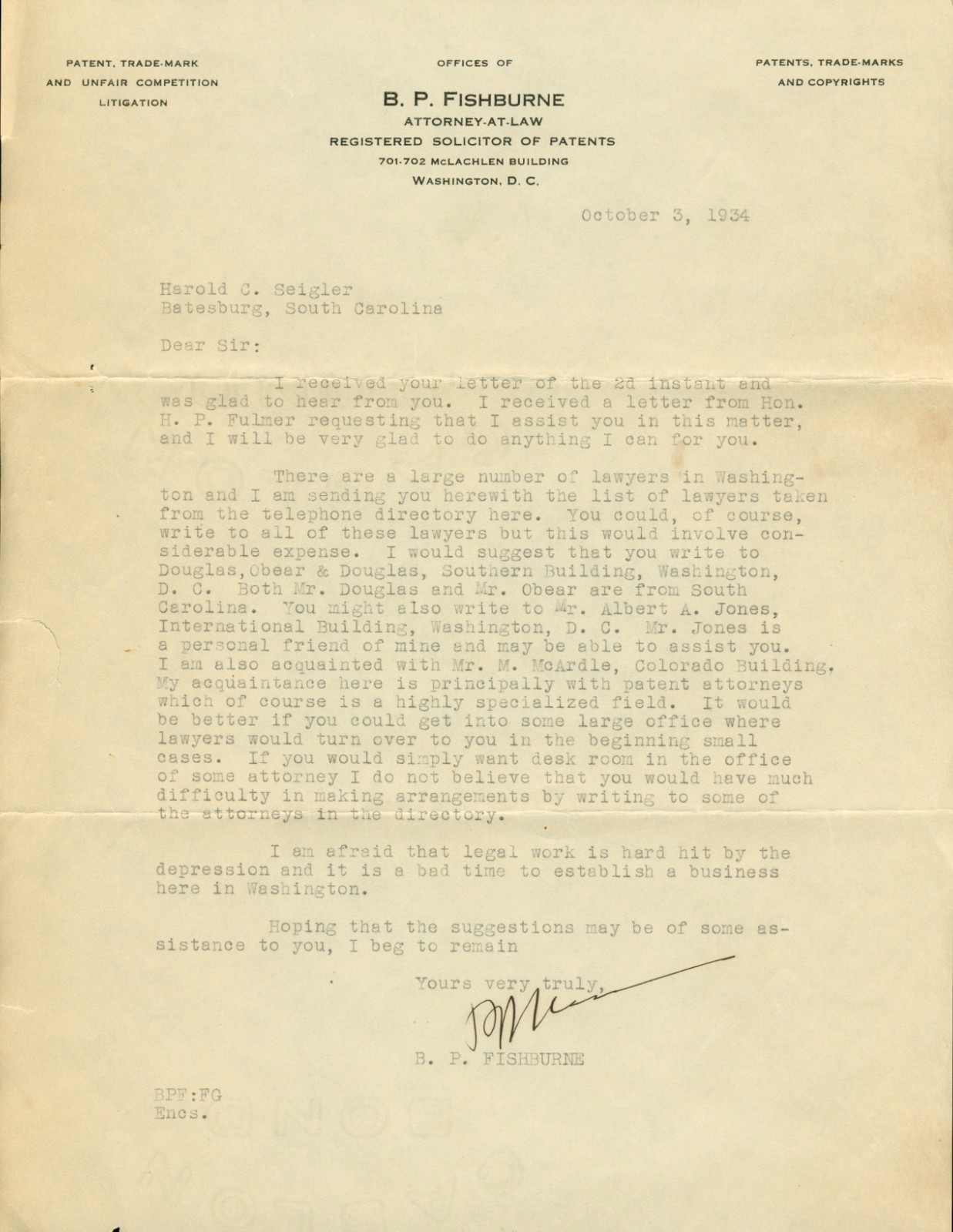 Great Depression BP Fishburne Attorney Washington DC Batesburg SC 1930s Letter