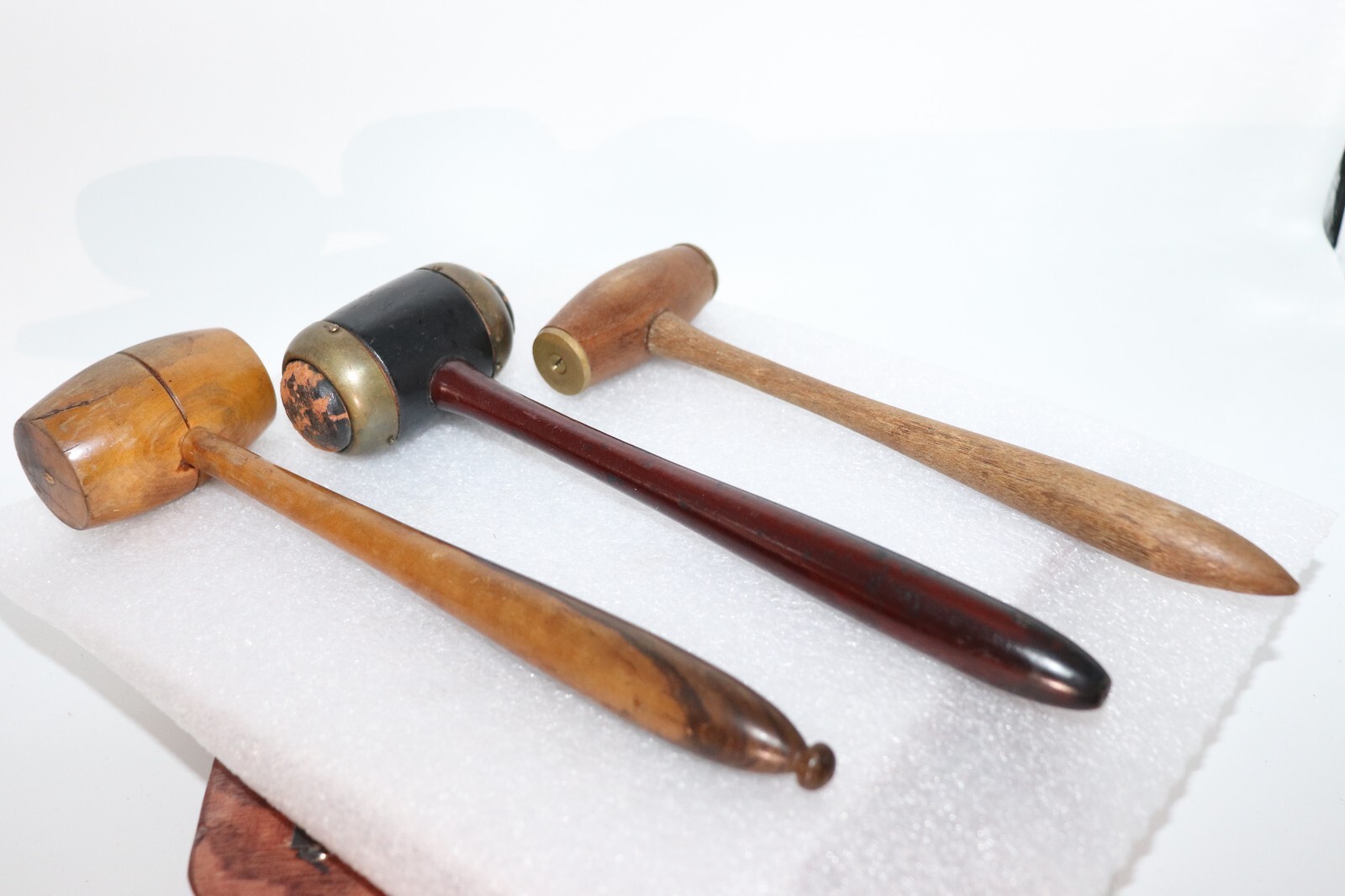 Antique Auctioneers Turned Wood Gavel Lot of 3 Brass, Leather, Wood