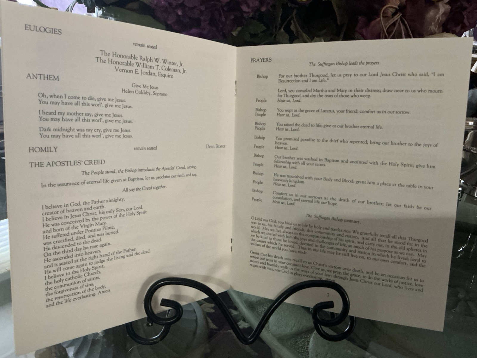RARE THURGOOD MARSHALL ORIGINAL FUNERAL PROGRAM/OBSEQUIES (Unframed)
