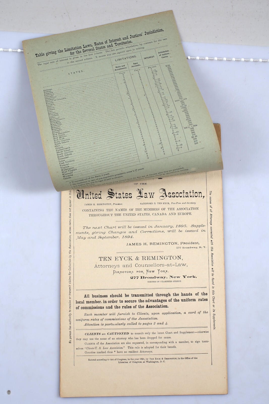 Vintage 1894 United States Law Association Membership Lawyer Roster Chart