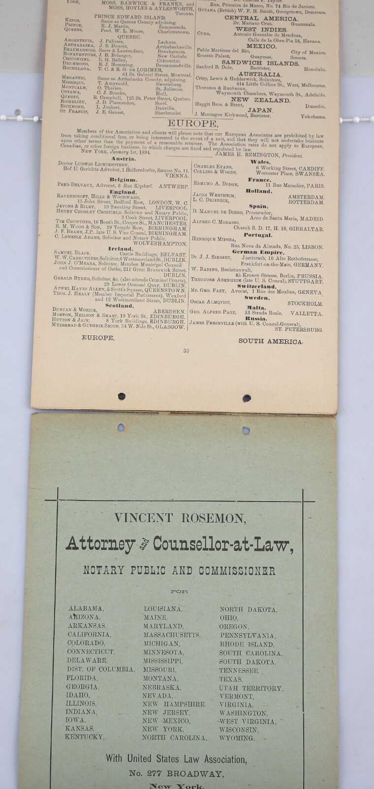 Vintage 1894 United States Law Association Membership Lawyer Roster Chart