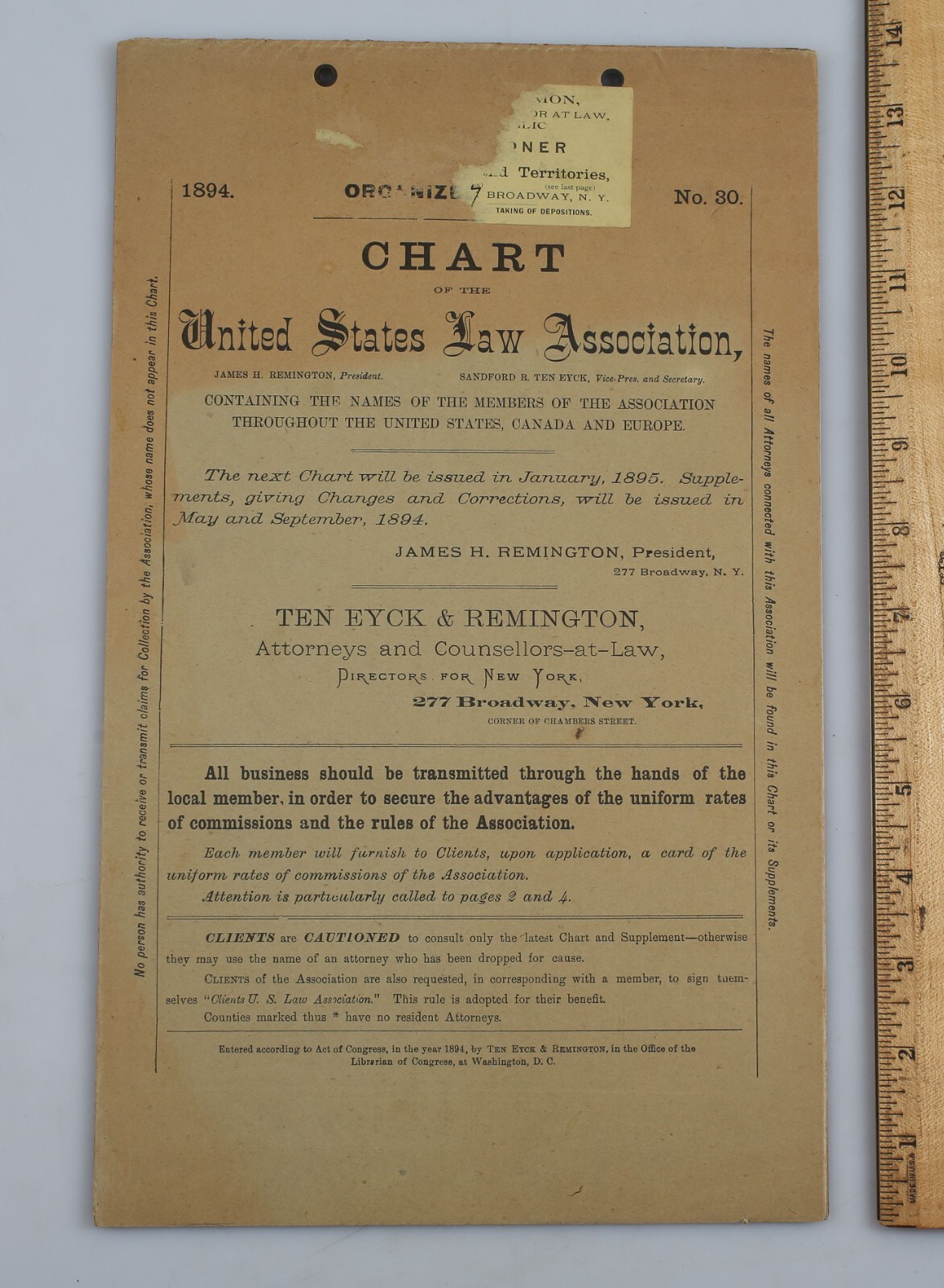 Vintage 1894 United States Law Association Membership Lawyer Roster Chart