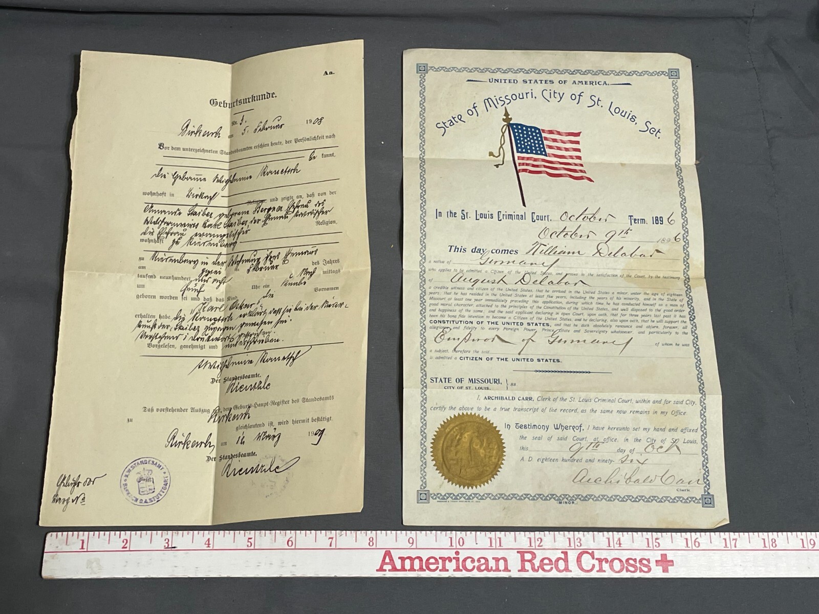 1896 Missouri UNITED STATES CITIZENSHIP Certificate Document German 44 Star Flag