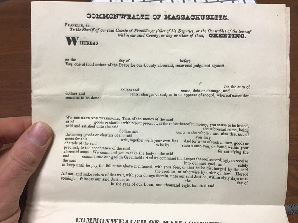 Original UNUSED: 1800’s commonwealth of Massaachusetts – Judgement FRANKLIN (4)