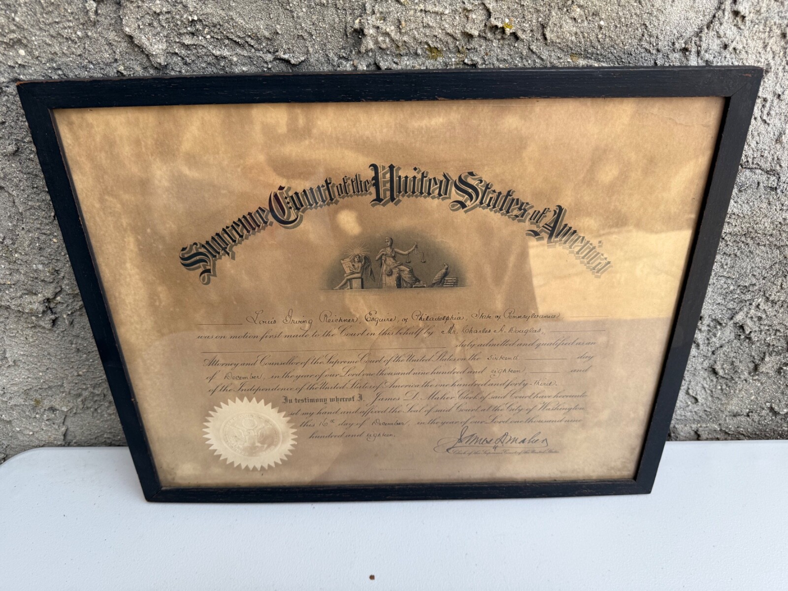 Antique 1918 Supreme Court of the United States of America Certificate Framed