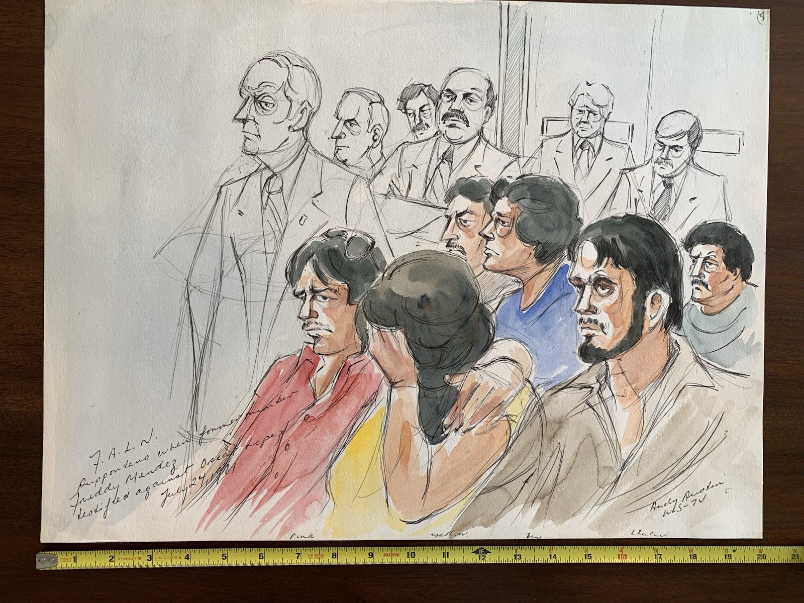 Signed Andy Austin Original «F.A.L.N.» 1981 Courtroom Watercolor Sketch Chicago