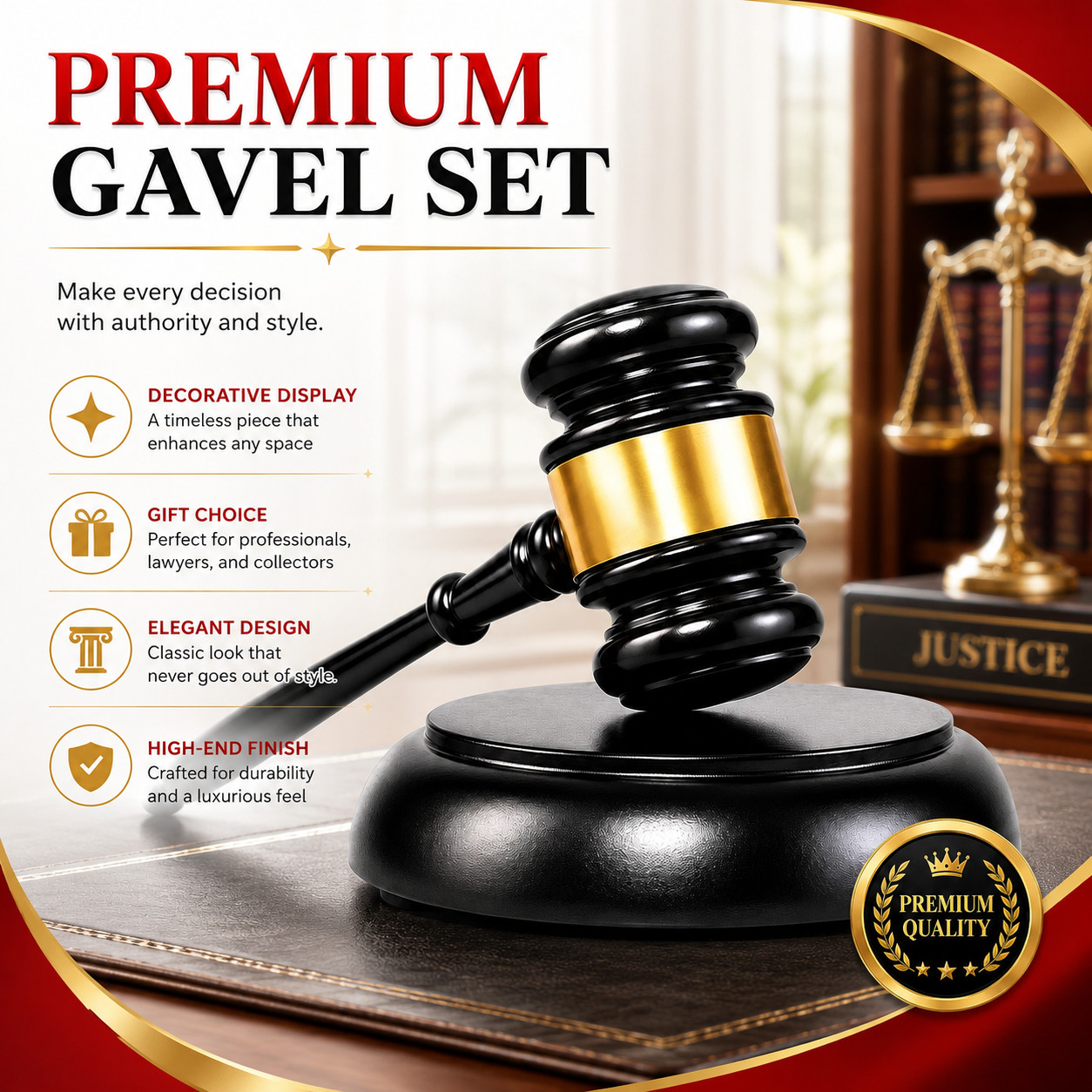Professional Court Gavel with Round Base, Black Gold Office Desktop Decor Gift