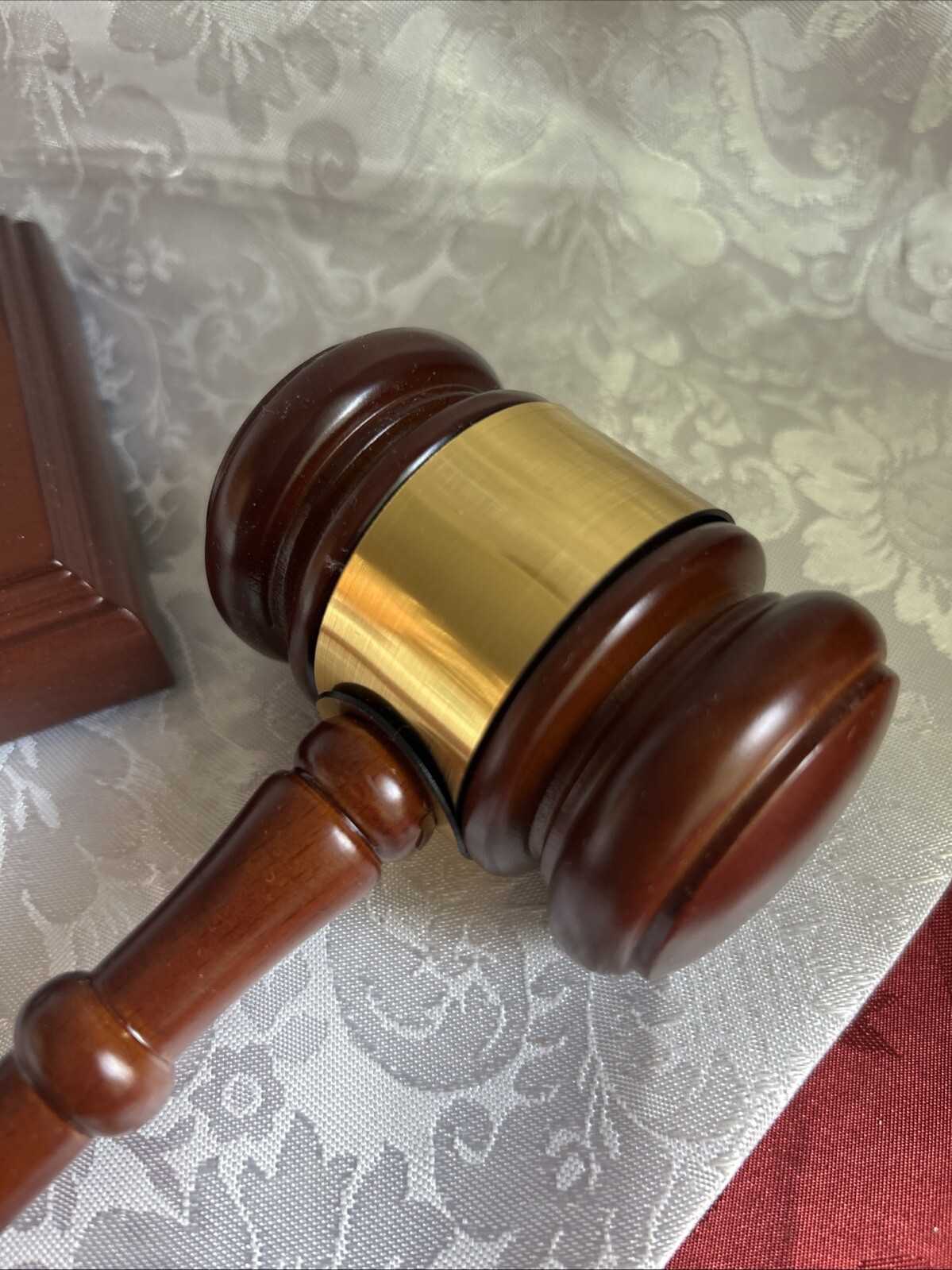 Gold Tone Banded Wood Gavel and Square Sound Block Set – Dark Wooden Gavel