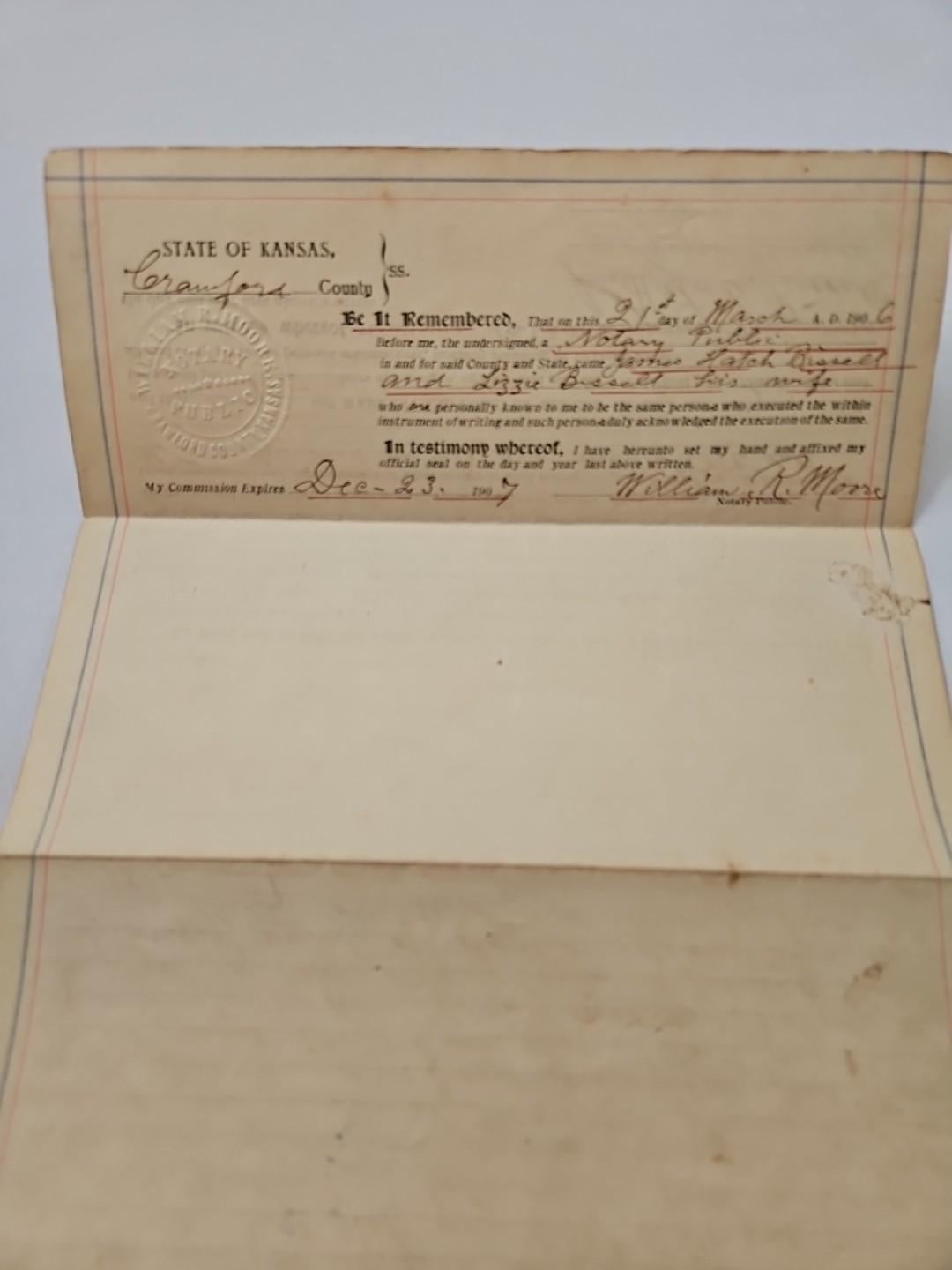 Original antique 1906 McCune KS Crawford County WARRANTY DEED Signed Bissell