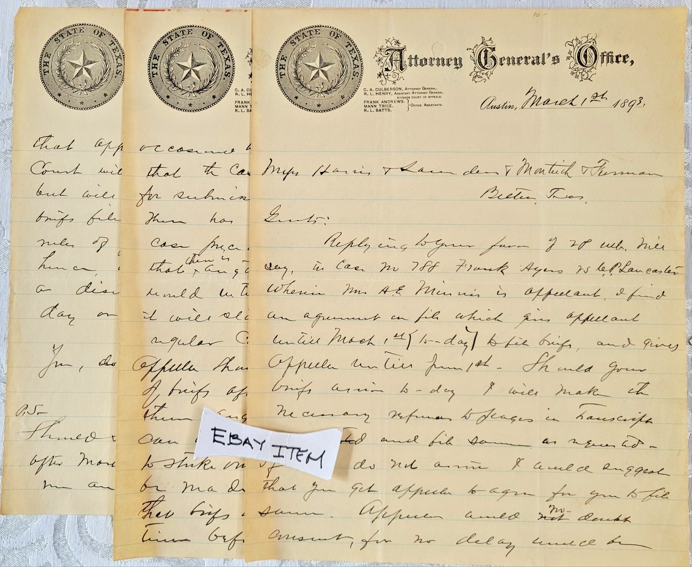 1893 AUSTIN TEXAS letterhead C. A. CUBLERSON R.L. HENRY FRANK ANDREWS
