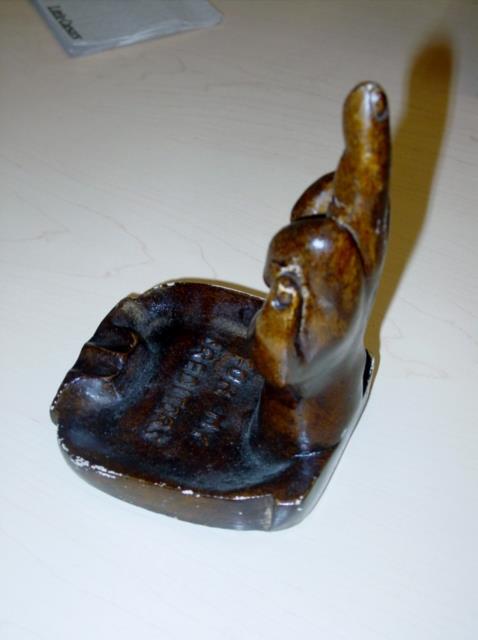 Vintage Handmade Ceramic «For My Creditors» Stained ‘The Finger’ Ash Tray (VG)