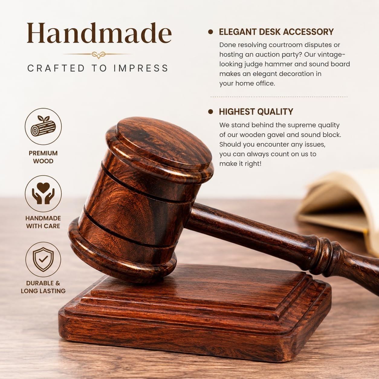 Handcrafted Wooden Gavel & Sound Block Set – Premium Quality for Courtroom, Meet