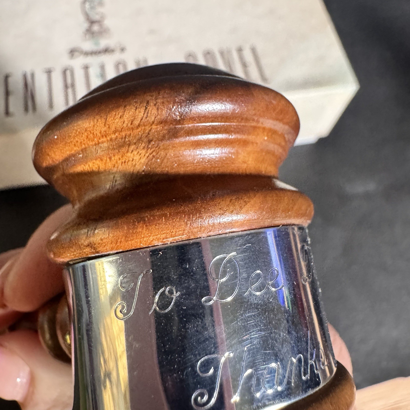 Vintage Drueke Presentation Gavel Wood Engraved Inscribed w/ Box