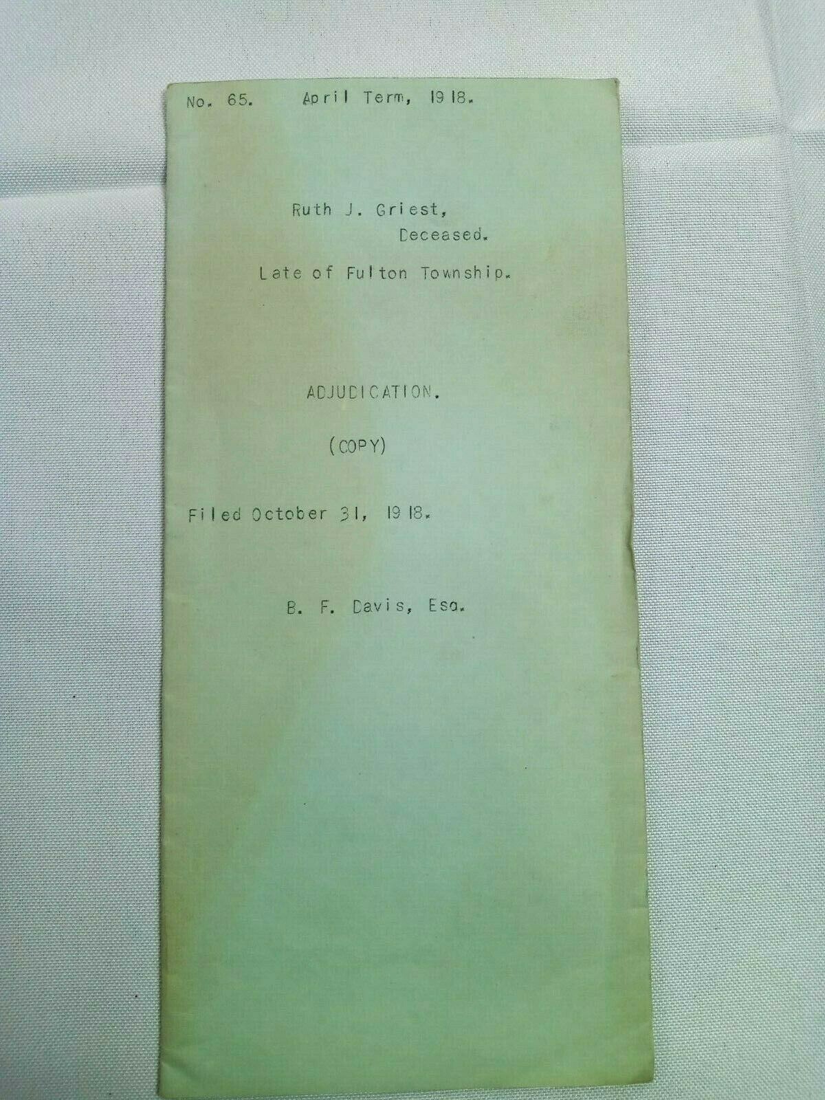 Vintage 1918 Estate Settlement Orphans Court Little Britain Lancaster County PA