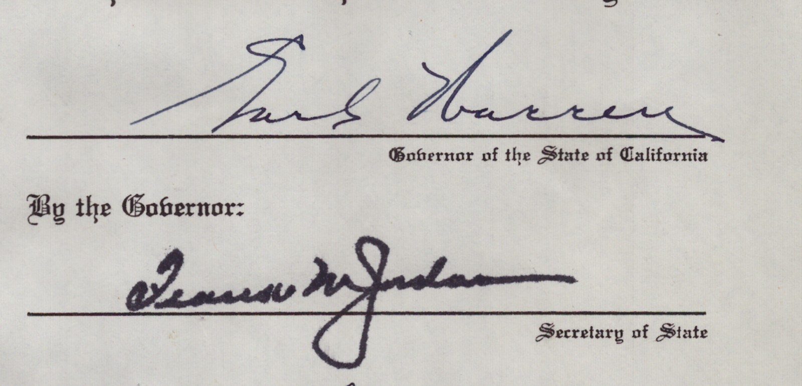 EARL WARREN – CIVIL APPOINTMENT SIGNED 09/19/1947 CO-SIGNED BY: FRANK M. JORDAN