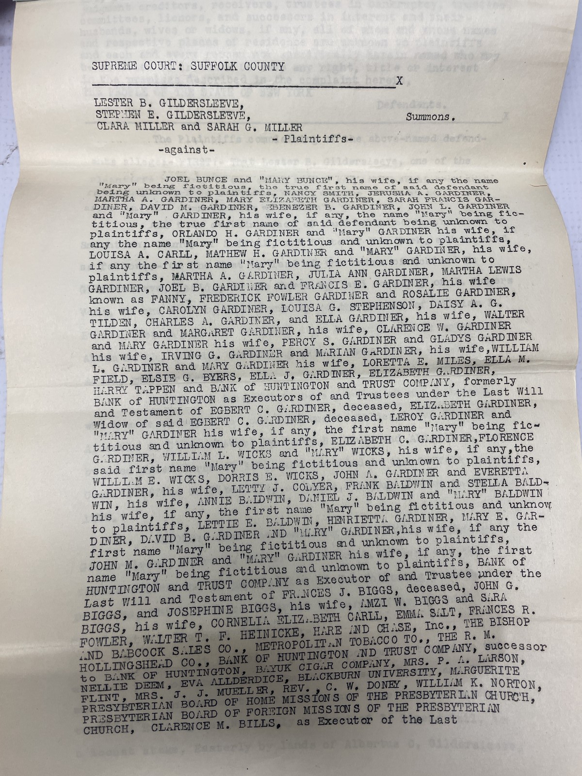 1932 New York Supreme Court Suffolk County Legal Document Summons Complaint