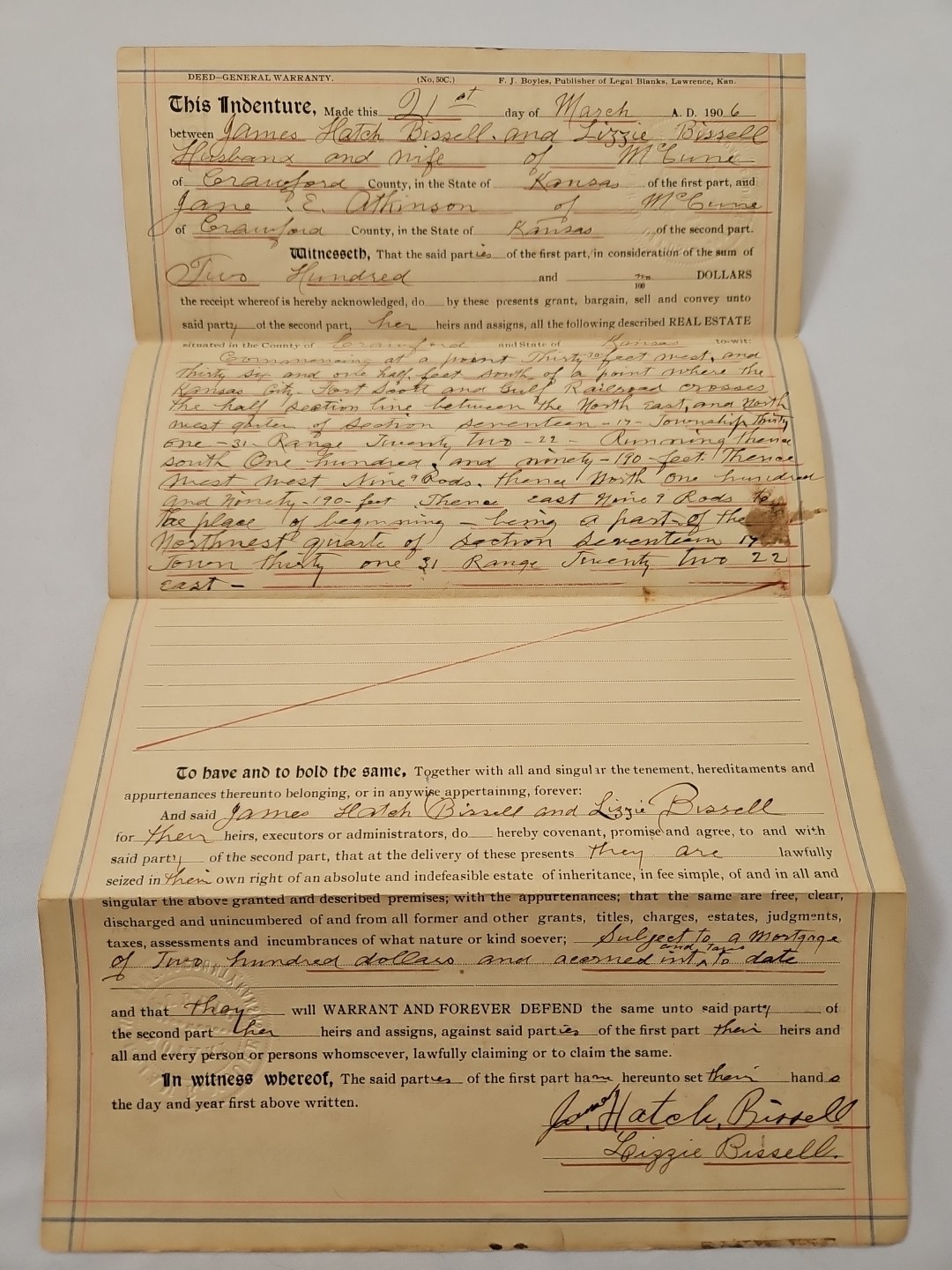 Original antique 1906 McCune KS Crawford County WARRANTY DEED Signed Bissell