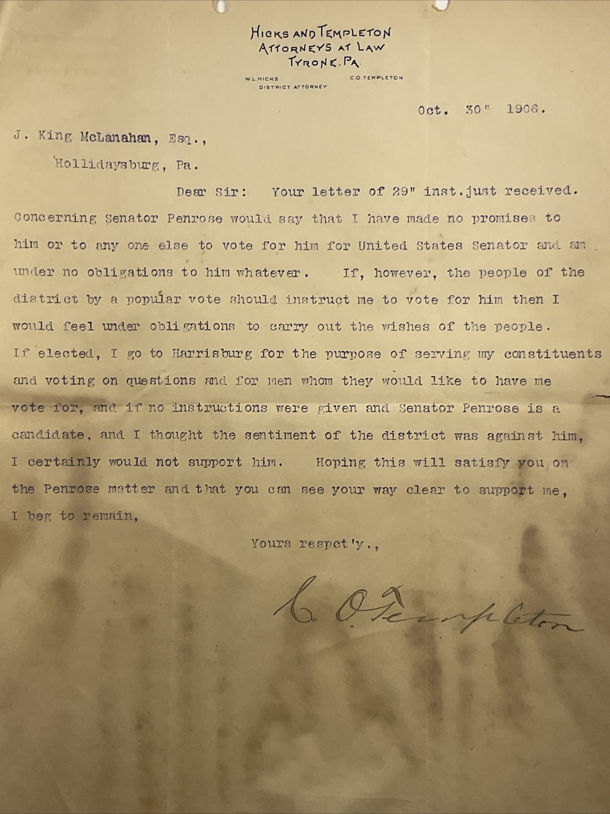 1906 Tyrone, Pennsylvania Hicks & Templeton Attorneys Letter Letterhead Signed