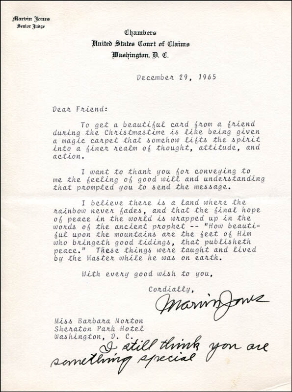 MARVIN JONES – TYPED LETTER SIGNED 12/29/1965